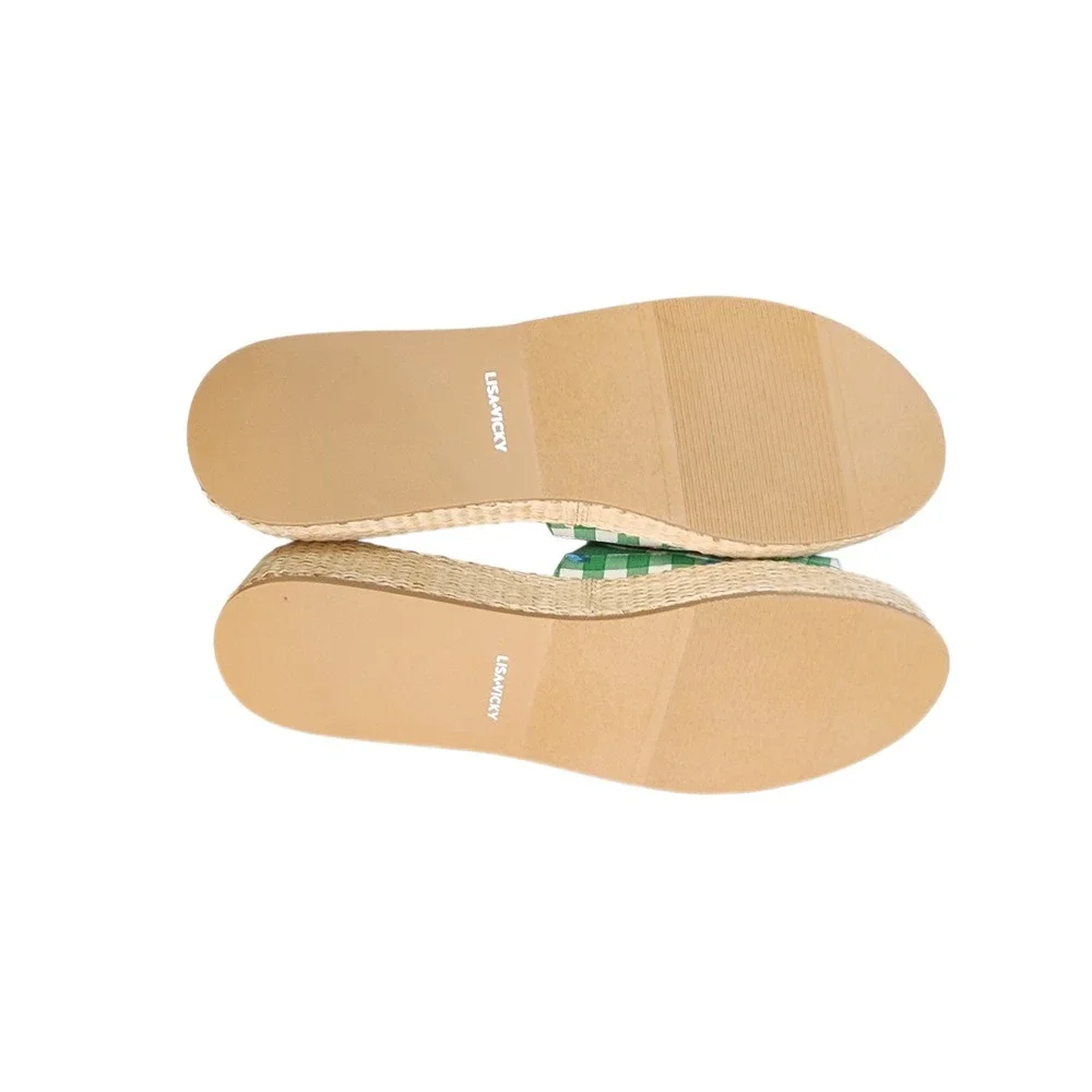 Lisa Vicky Slide Sandals Womens 11 Green‎ Gingham Cherry Platform Excellent